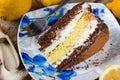 Slice of layer cake , chocolate lemon semolina cake