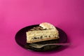 Slice of layer cake with cream and chocolate chips - hot pink background Royalty Free Stock Photo