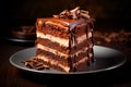 Slice of layered chocolate cake tasty dessert background