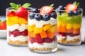 slice layered fruit salad in a dessert cup