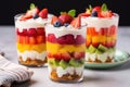 slice layered fruit salad in a dessert cup