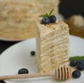 Slice of layered homemade honey cake selective focus bluebery white round plate black background square image