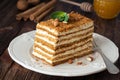 Slice of layered honey cake russian Medovik Royalty Free Stock Photo