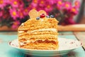 Slice of layered honey cake