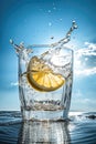 A slice of lemon falling into a glass of fresh water Generative AI Illustration Royalty Free Stock Photo