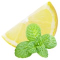 Slice lemon fruit with mint leaves isolated on white Royalty Free Stock Photo
