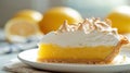 A slice of lemon meringue pie on a plate with lemons, AI Royalty Free Stock Photo