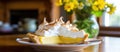 A slice of lemon meringue pie sits on a plate, a delightful dessert Royalty Free Stock Photo