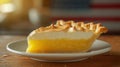 A slice of lemon meringue pie on a white plate, AI Royalty Free Stock Photo