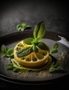 a slice of lemon with mint on a plate