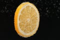 Slice of lemon in sparkling water on black background. Citrus soda Royalty Free Stock Photo