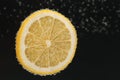 Slice of lemon in sparkling water on black background, space for text. Citrus soda Royalty Free Stock Photo