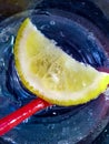 slice of a lemon in a sprakling water glass Royalty Free Stock Photo