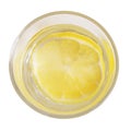 A slice of lemon in a transparent glass. Refreshing drink. Isolated on a white background. Top view. Square format