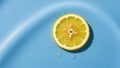 A slice of lemon with visible seeds is placed on a smooth light blue surface Royalty Free Stock Photo