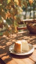 A slice of light and airy chiffon cake rests on white plate with a fork, bathed in the warm, dappled sunlight filtering through Royalty Free Stock Photo