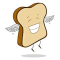 Smiling slice of bread with wings cartoon on white background