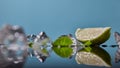 Slice of lime wedge, ice and mint isolated on blue background Royalty Free Stock Photo