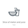 Slice of melon and juice icon. Thin linear slice of melon and juice outline icon isolated on white background from food collection