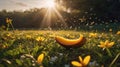Juicy Mango Slice in a Sunny Meadow: Summer Fruit Delight Royalty Free Stock Photo