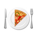 Slice of mexican pizza on the plate, fork, knife on white background. Royalty Free Stock Photo