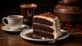 A slice of moist chocolate cake topped with velvety buttercream sits alongside a steaming cup of coffee, Generative AI