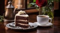 A slice of moist chocolate cake topped with velvety buttercream sits alongside a steaming cup of coffee, Generative AI