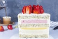 Slice of mouth-watering strawberry cake on gray concrete background. Summer cake