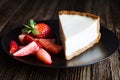 Slice of New York Cheesecake and Fresh Strawberries on Black Plate Royalty Free Stock Photo