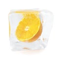 Slice Orange frozen in ice cube. Ice cube in front view, single ice cube isolated on white background. 3d rendering