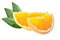 Slice of orange fruit with green leaves isolated on white background Royalty Free Stock Photo