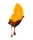 Slice of orange in liquid hot chocolate isolated on white Royalty Free Stock Photo