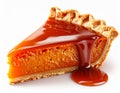 Slice of Orange Pumpkin Pie with Caramel Drizzle Against White Background Royalty Free Stock Photo