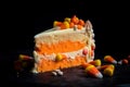 Slice of orange seasonal Halloween cake woth candy corn sweets on dark background