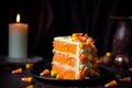 Slice of orange seasonal Halloween cake woth candy corn sweets on dark background