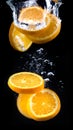 Slice of orange in the water with bubbles