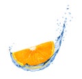 Slice of orange with water splash close-up, isolated on white Royalty Free Stock Photo