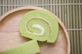 Slice of pandan roll cake