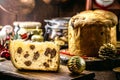 Slice of panettone, homemade bread baked with truffled chocolate chips, traditional for Christmas in Brazil and Italy Royalty Free Stock Photo