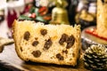 Slice of panettone, homemade bread baked with truffled chocolate chips, traditional for Christmas in Brazil and Italy Royalty Free Stock Photo