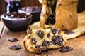 Slice of panettone, with homemade chocolate chips. Typical Christmas cake, also called chocotone