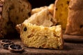 A slice of Panettone. Traditional italian christams cake panettone Royalty Free Stock Photo