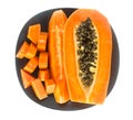 Slice papaya fruit on dish isolated on white