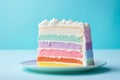 Slice of pastel rainbow colored layered birthday cake with cream in front of pastel blue background Royalty Free Stock Photo