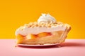 Slice of peach fruit pie with cream on plate in front of orange background Royalty Free Stock Photo