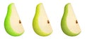 Slice of pear fruit with seed isolated on white background. Collection of ripe juicy green pieces of pear. Set of three kinds of p