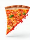 slice of pepperoni pizza flying on white color background, melting, hot illustration