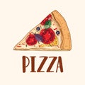 Slice or piece of appetizing delicious classical pizza isolated on light background. Drawing of fresh and tasty