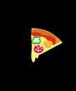 Slice of pizza on a black background. Triangular pizza stuffed mushroom and salami. Illustration appetizing pizza.