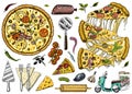 Slice of pizza with cheese. yummy italian vegetarian food with tomatoes, olives and eggplant. Label for restaurant menu